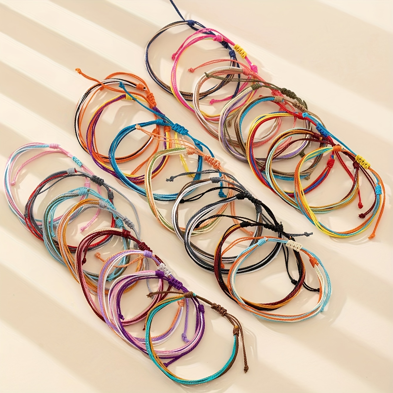 

13pcs Bohemian Style Handmade Waterproof Wax Cord Bracelets, Multicolor Rainbow Surf Beach Braided Rope Bangles