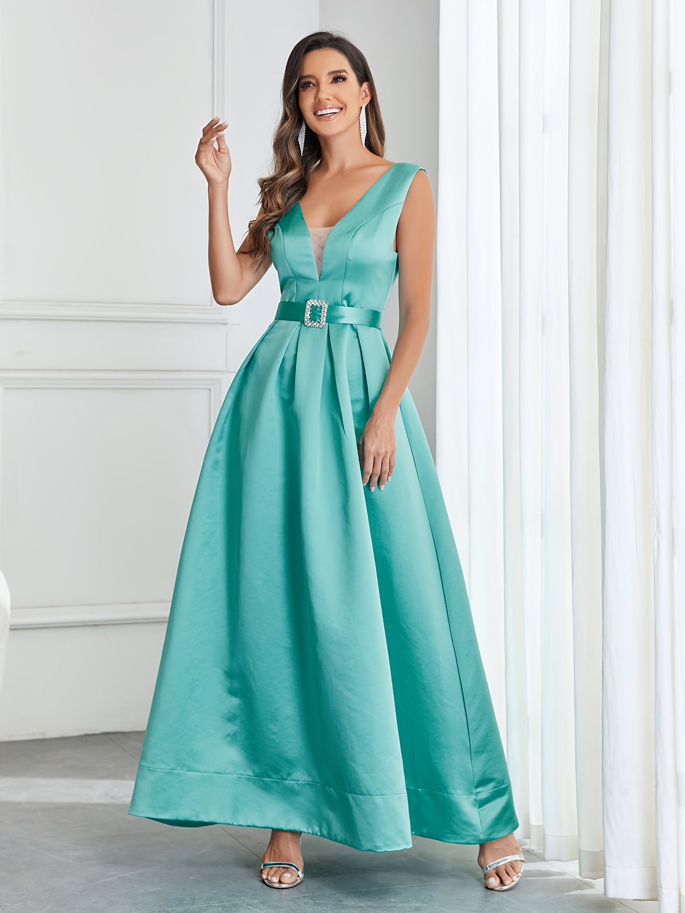 satin v neck cocktail dress elegant sleeveless belted a line evening dress for party banquet womens clothing