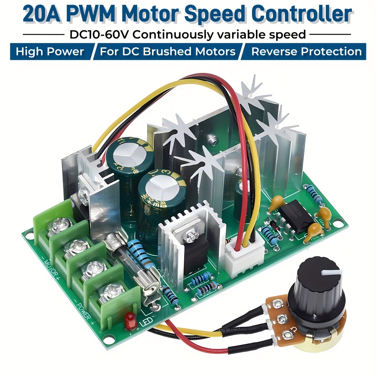 

High-power Dc Motor Speed Controller, 1200w (20a), Pwm Regulator With Fuse - Ideal For Brush Motors, Easy Potentiometer Control, Barrier Terminal Block