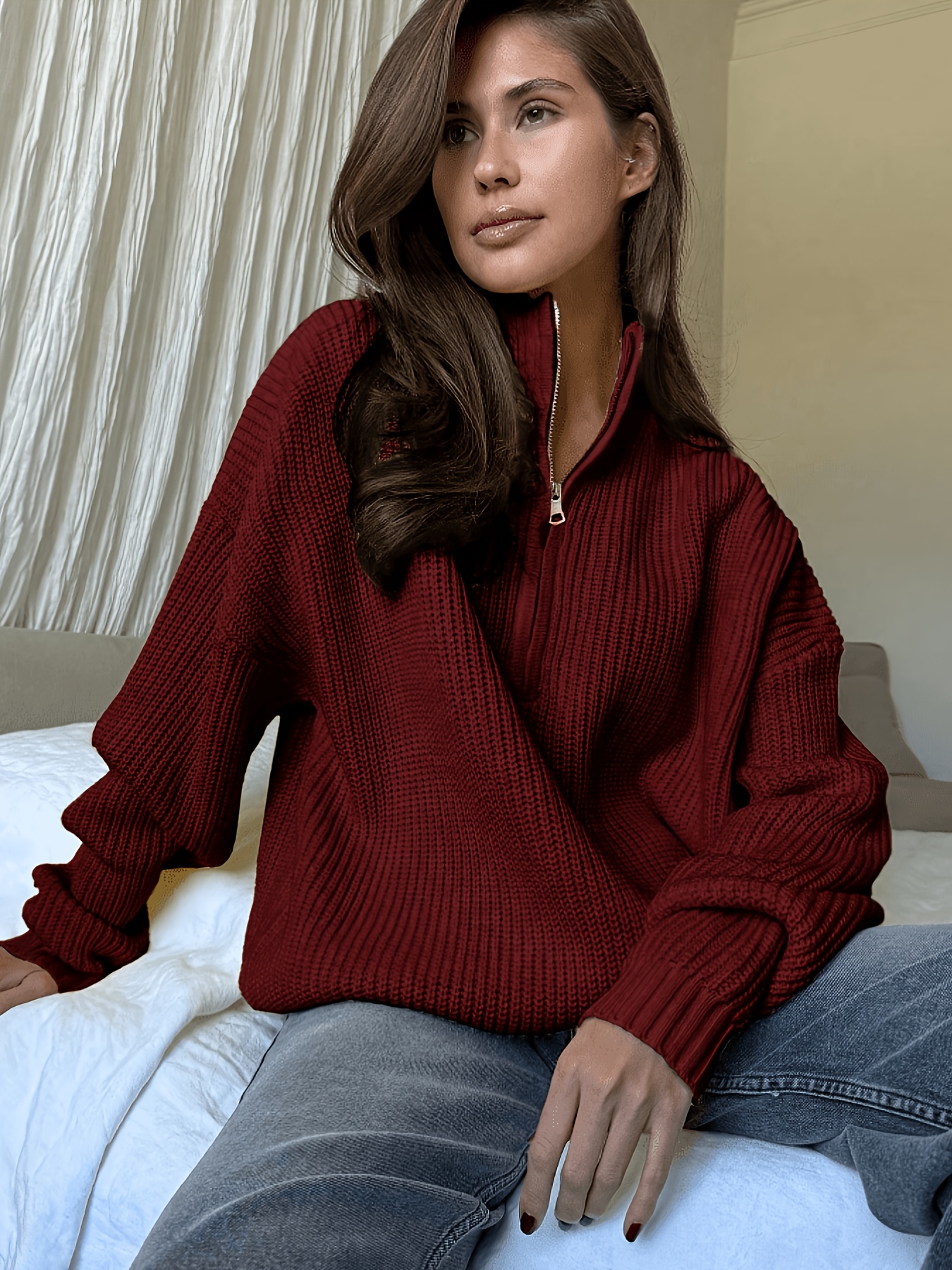 Women's Half-Zip Stand Collar Sweater, Loose Fit