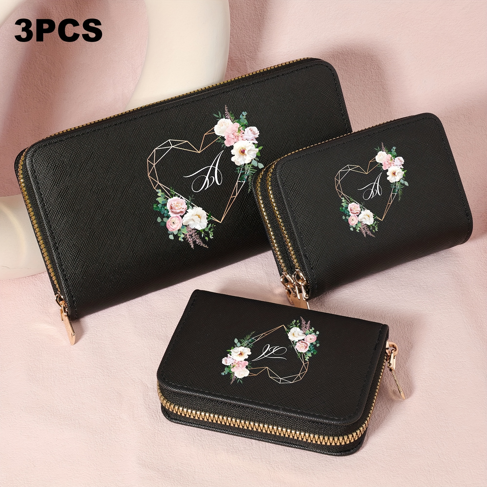 3pcs Elegant Women'S Wallet Set with Floral Heart Design