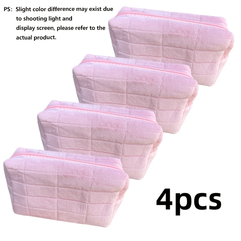 TEMU Pink Checkered Makeup Bag 4pcs Set For Women - Soft Zippered Travel Toiletry Bag With Hook, And Lightweight, Storage For Makeup Brushes, Ideal