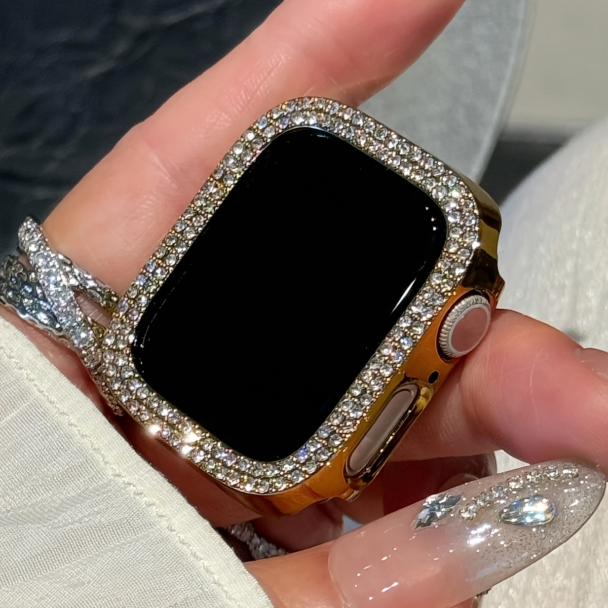 TEMU Double Bling Cover Crystal Rhinestone Bumper Protective Case, 1pc Hard Pc Ultra Hollow Out Watch Case, Compatible With Watch