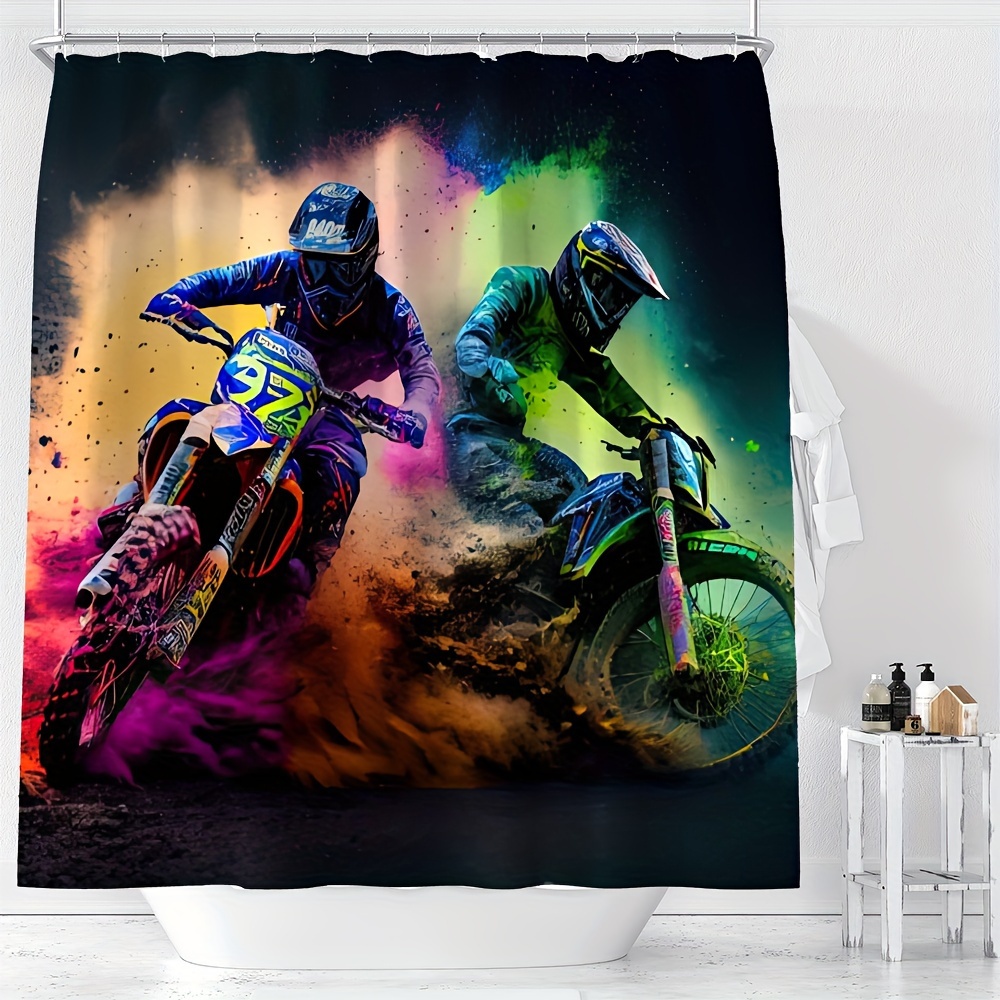 

Ywjhui Waterproof Shower Curtain - Vibrant Motorcycle Racing Design, Polyester, Machine Washable With Hooks Included - Perfect For All Seasons Bathroom Decor