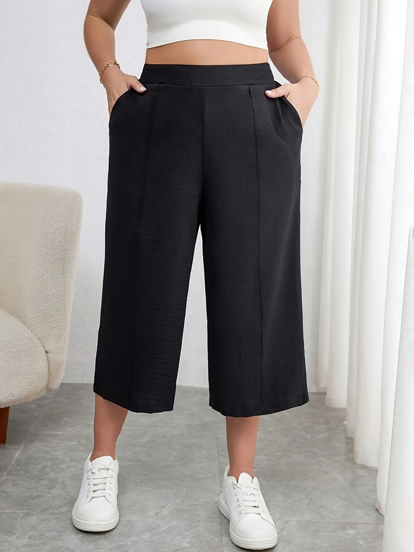 women's elegant solid color capri pants breathable polyester