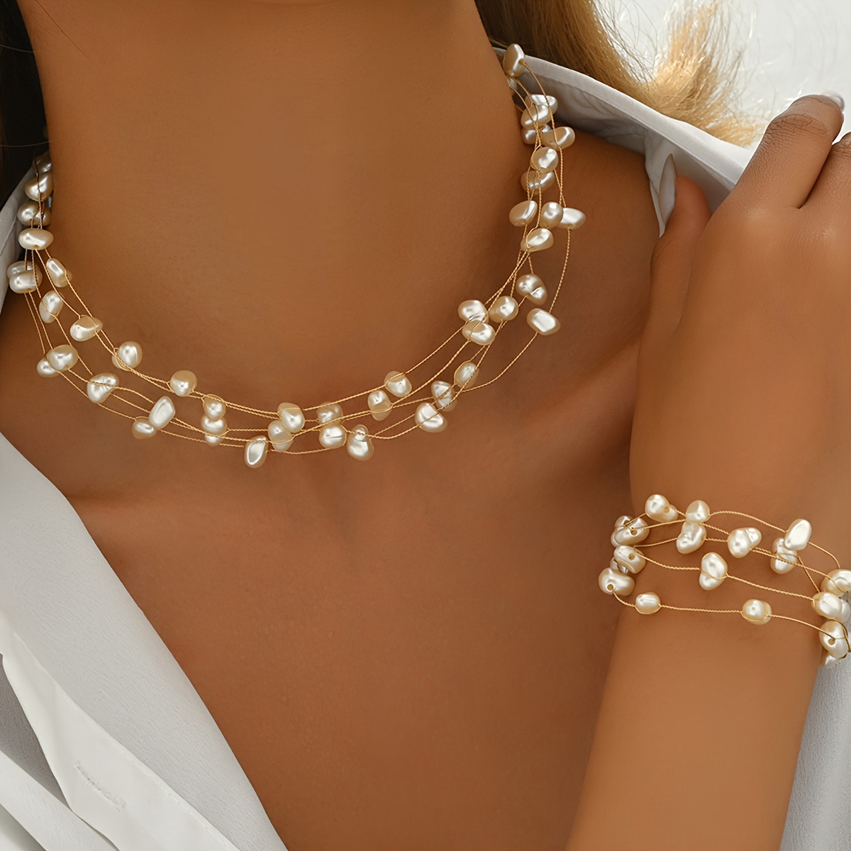 

Vintage-inspired Pearl Necklace And Bracelet Set - Golden- Design With Irregular Pearls For A , Ideal For Weddings & Banquets, Pearl Jewelry