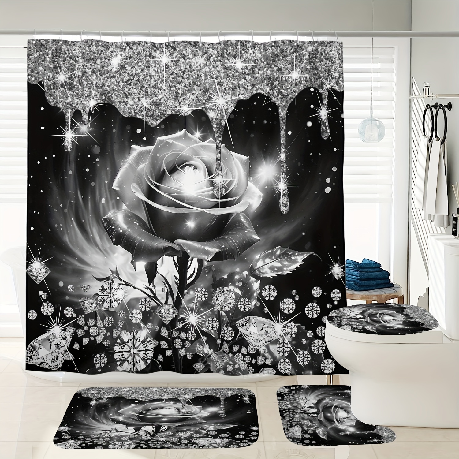 

1/3/4pcs Diamond Pattern Shower Curtain Set, Shower Curtain 12 , Bath Mat, U-shaped Mat, Mat, Bathroom Accessories