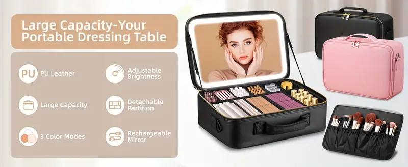 large size travel makeup bag with led with rechargeable three color lighting makeup bag with adjustable divider brush plate long suspenders andluggage strap suitable for travel parties business trips and other occasions details 0