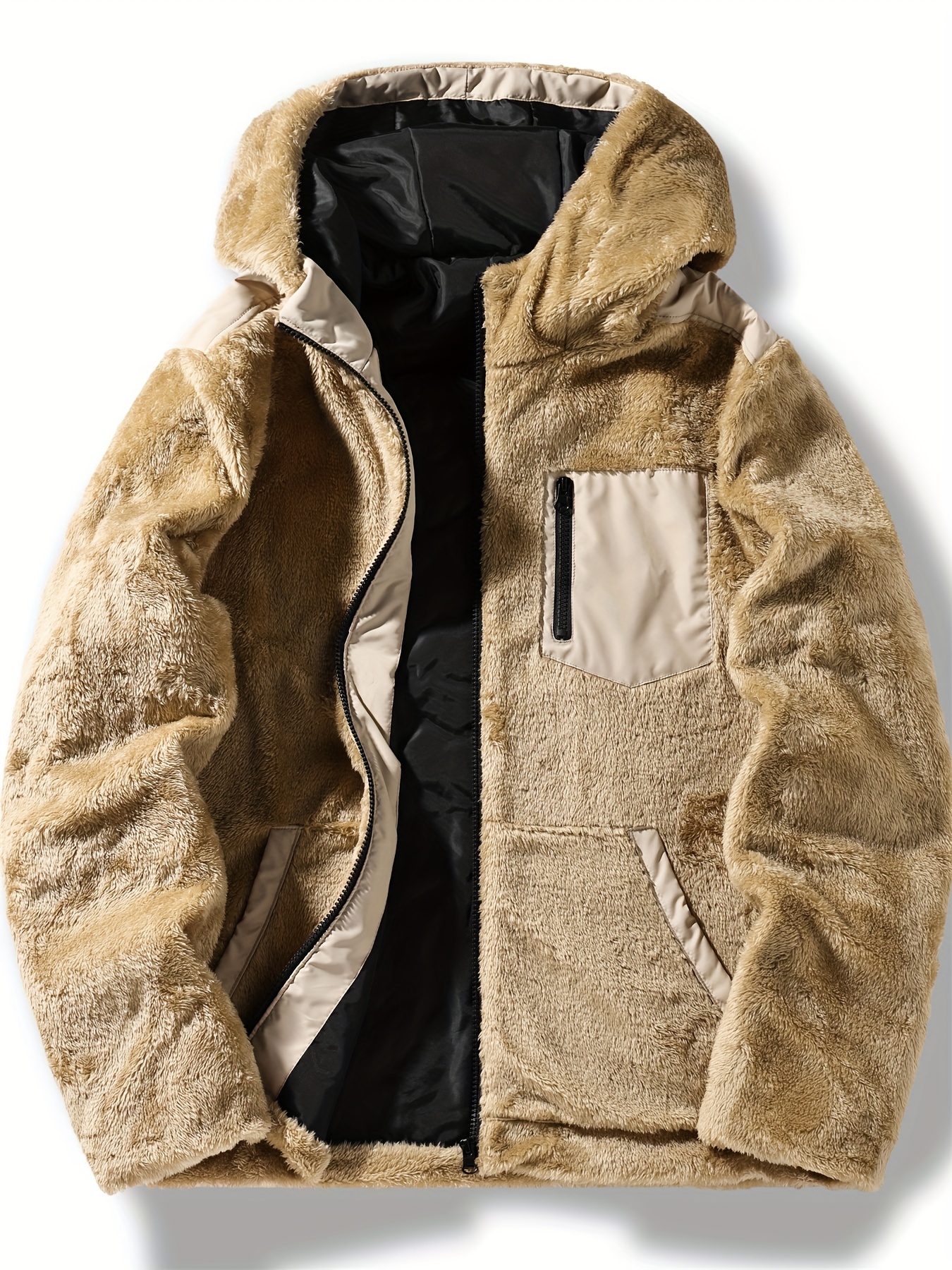 mens winter warm full zip hooded jacket fleece lining retro Temu - Main Image