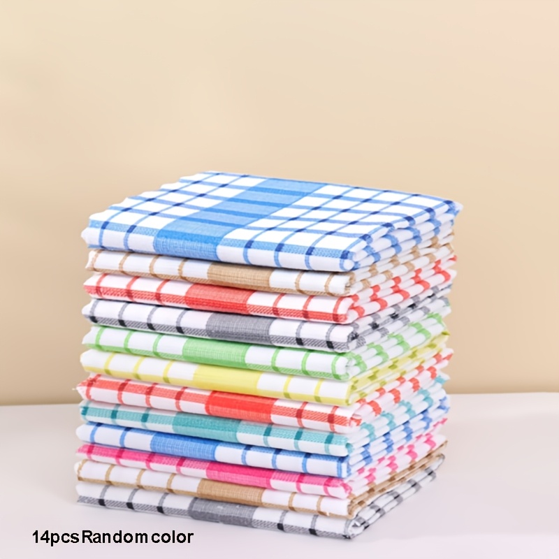 TEMU 9/14pcs Modern Printed Checkered Dish Towels, Scouring Pads, Kitchen Towels, Microfiber, Super Soft With Strong Absorbency, Dopamine Color