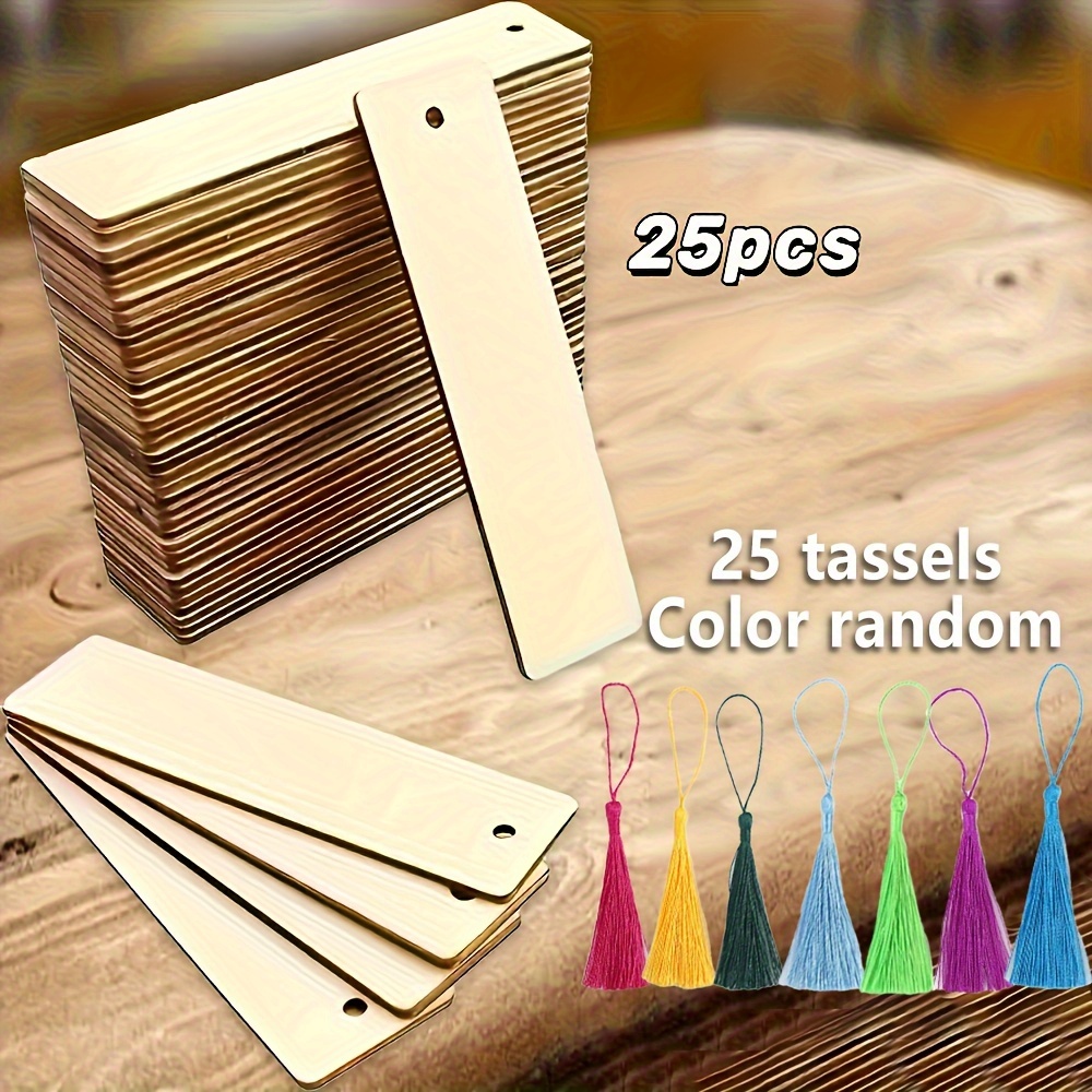 

50pcs Wooden Blank Bookmarks Diy Wooden Craft Bookmarks Wooden Laser Cut Wooden Pendants Wooden Square Labels 25 Bookmarks + 25 Tassels Random Color