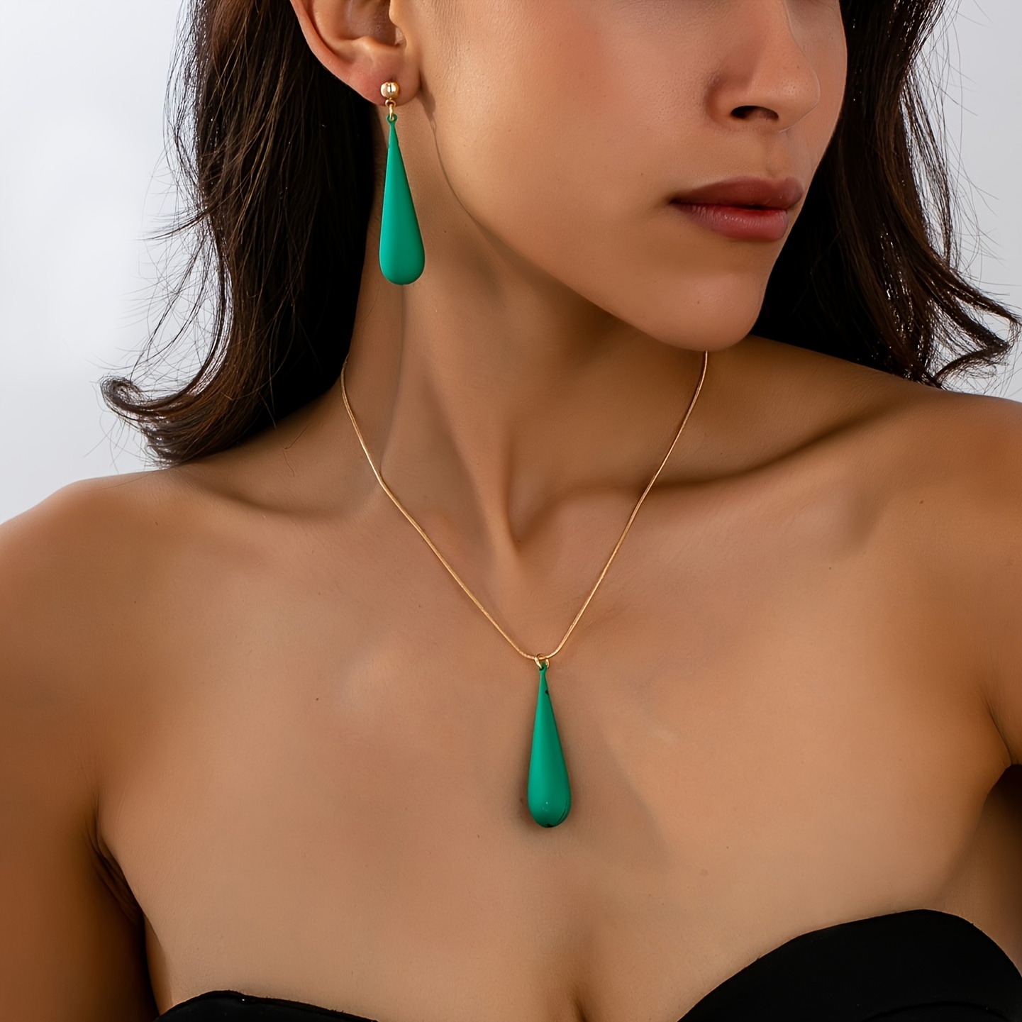 3pc Easy Metallic Style Long Teardrop Pendant Jewelry Set