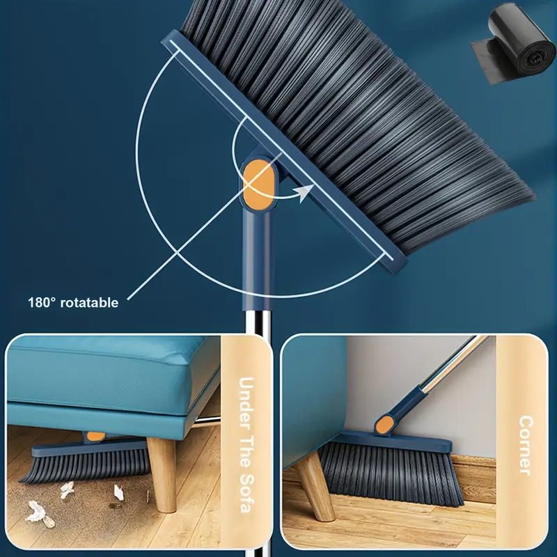 1-roll broom and dustpan combo set with garbage bags - heavy-duty plastic construction, long handle with ergonomic grip & upright stand for hard floors - heavy-duty sweeper and mop alternative for home, office, kitchen, dorm, rv, apartment - space-saving cleaning system with durable plastic broom and dustpan, ideal for hardwood, tile, floors - ideal for home, office, dorm, bathroom cleaning, broom for floor cleaning, retractable broom, broom with dustpan, mini broom, Product details 4