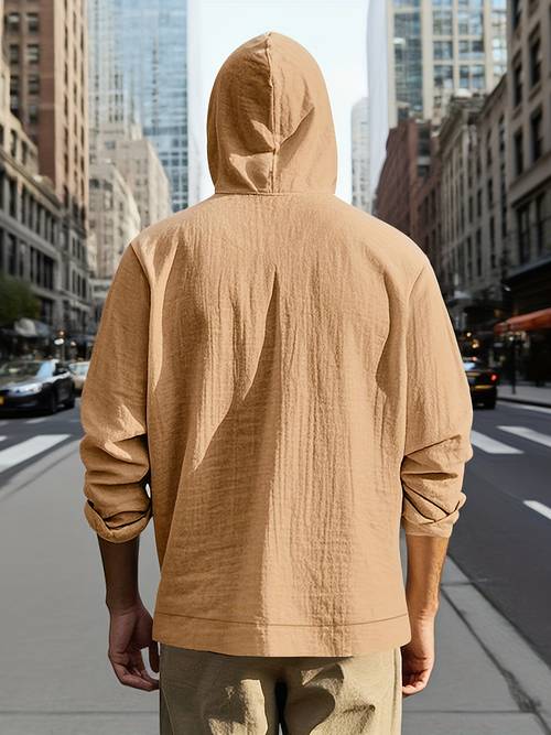 mens long sleeved shirt with hood for spring and autumn loose linen casual and simple a versatile top for beach vacations