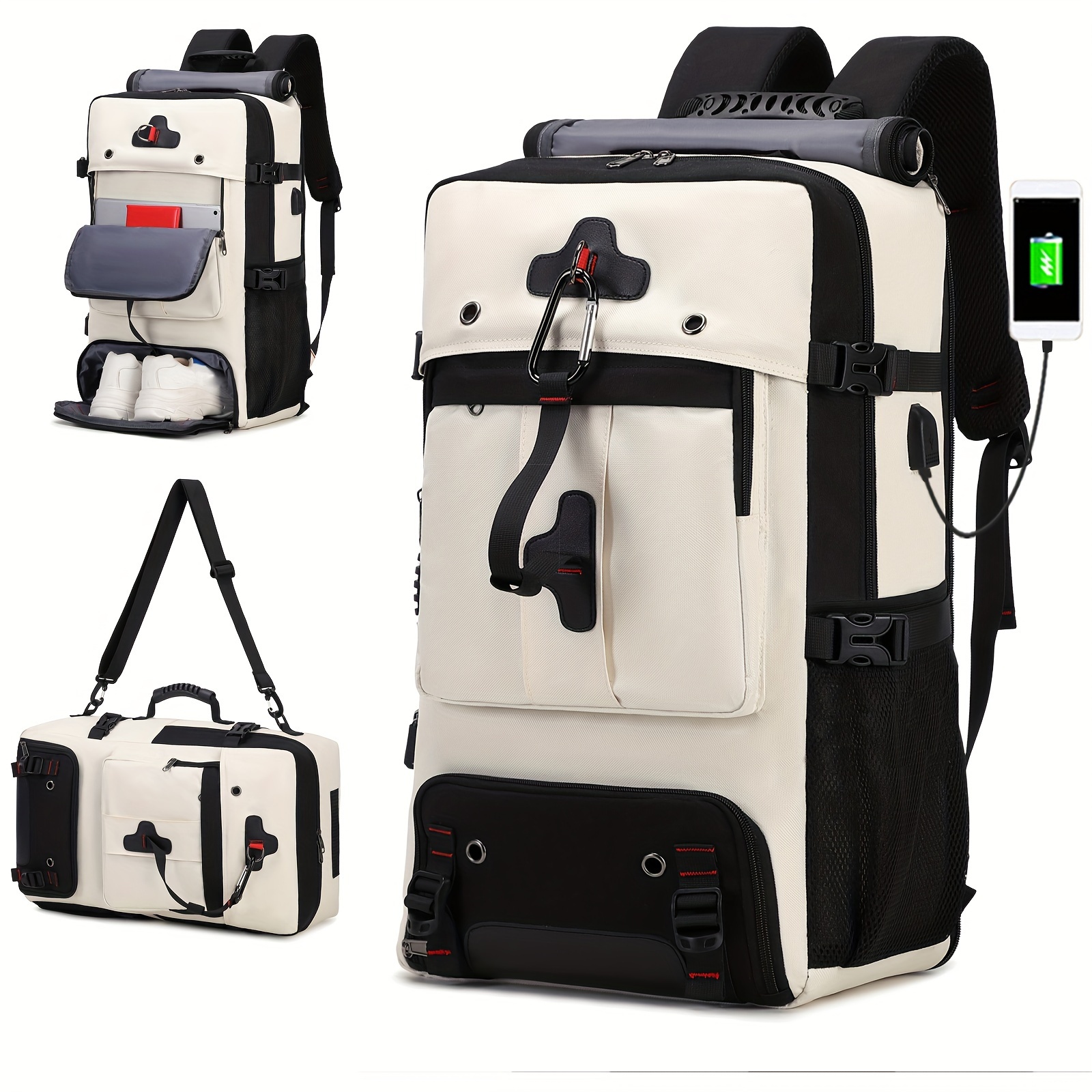 Mochila de viagem e caminhada de grande capacidade, Mochila de viagem multifuncional com grade de sapatos independente, perfeita para acampamentos e viagens curtas, 50L