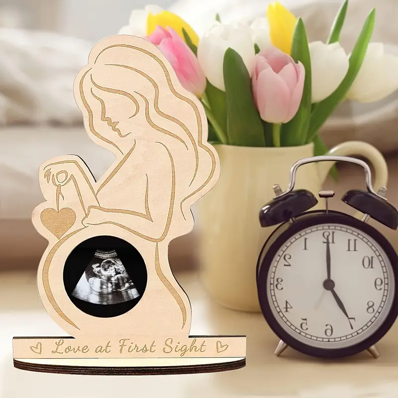 1pc cadre en bois à première vue pour échographie - souvenir de cœur pour mères, ovale, bois , affichage , parfait pour & échographie, cadeau de douche | design de cœur | détail gravé détails 0