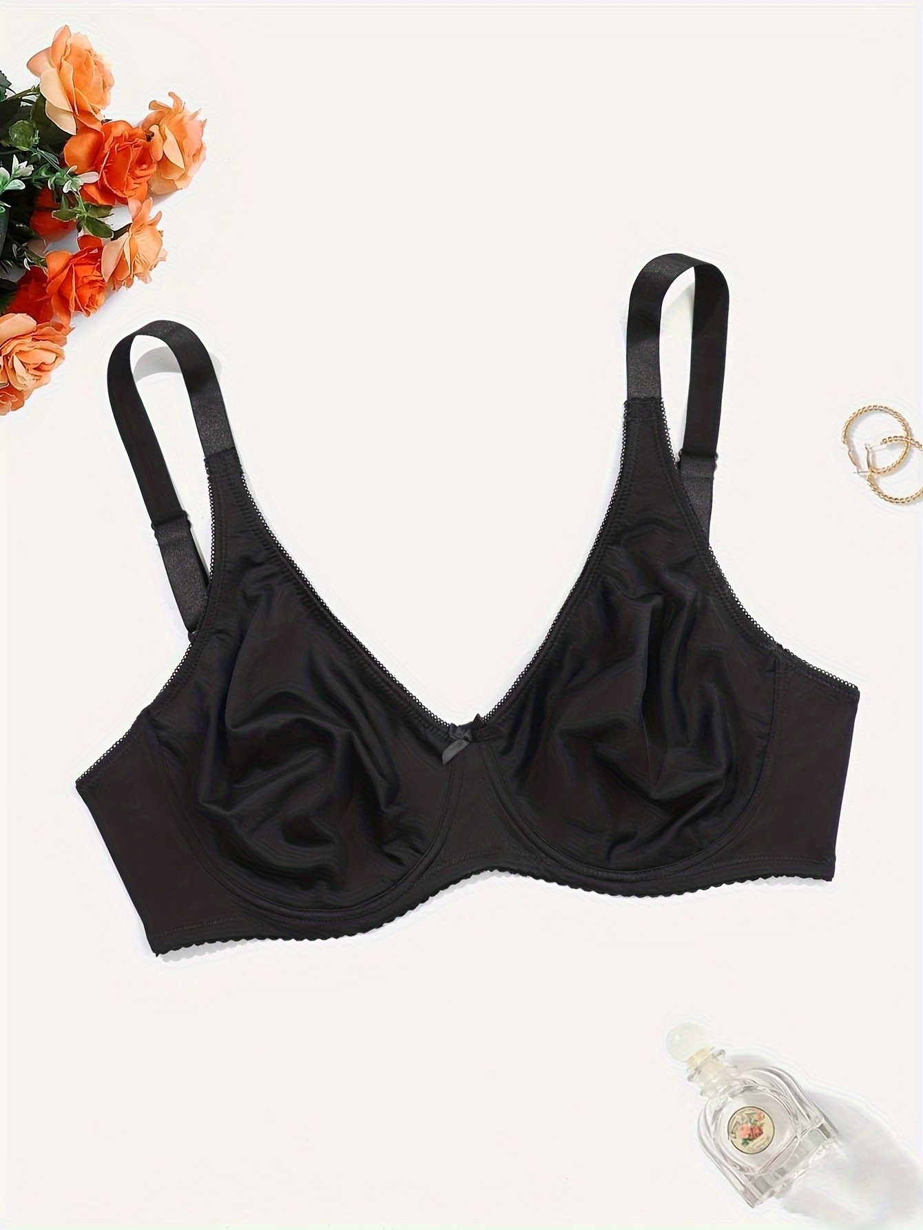 Women'S Large Size Black Glossy Seamless Underwear Ultra-Thin Comfortable Wide Shoulder Straps Including Strong Underwire Support Bra Daily Simple Leisure