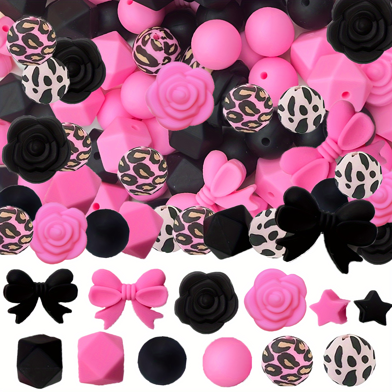 

64 Pcs Black & Pink Silicone Charms: 15mm Round Beads With Leopard Print, Stars, Flowers, Bows - Perfect For Diy Pens, Keychains, Bracelets, Necklaces, And Jewelry Making