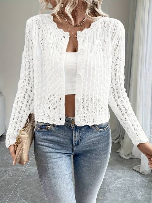 and for 2026 and versatile womens long sleeve solid color cardigan with buttons suitable for bohemian festival outfits fashionable vintage long sleeve hollow knitwear