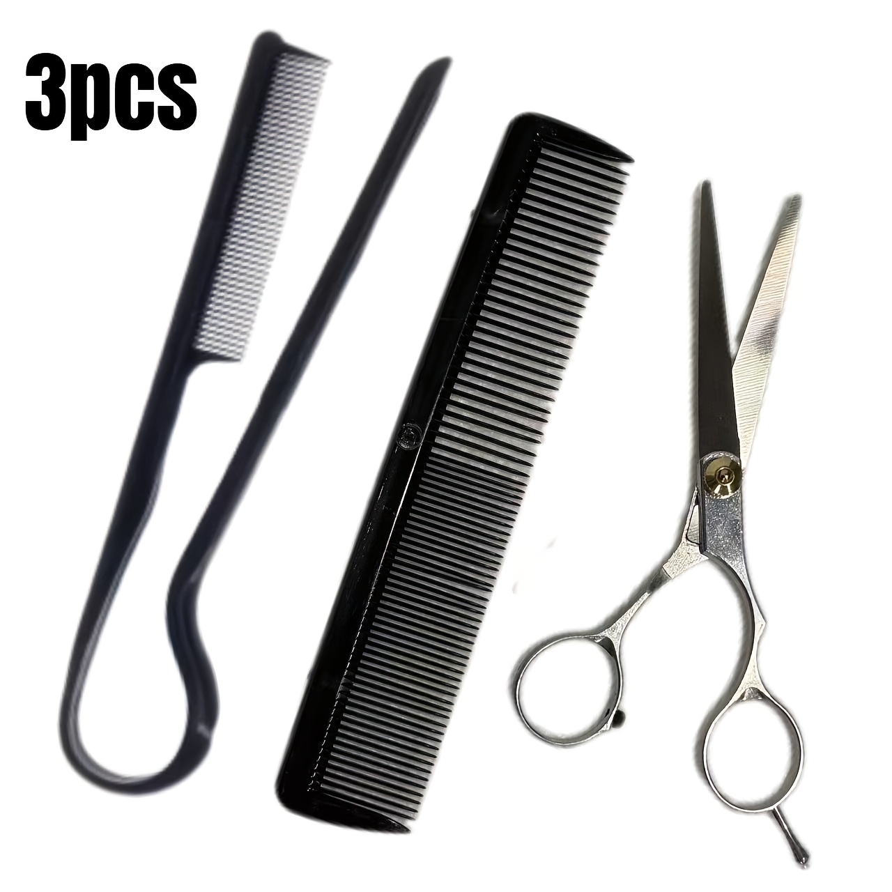 TEMU 3pcs (1pc Professional Hair Comb And 1pc Fine-toothed Comb And 1pc Hair Scissors) - Tidy Up Messy Straight Hair Tools, Durable Abs Plastic,