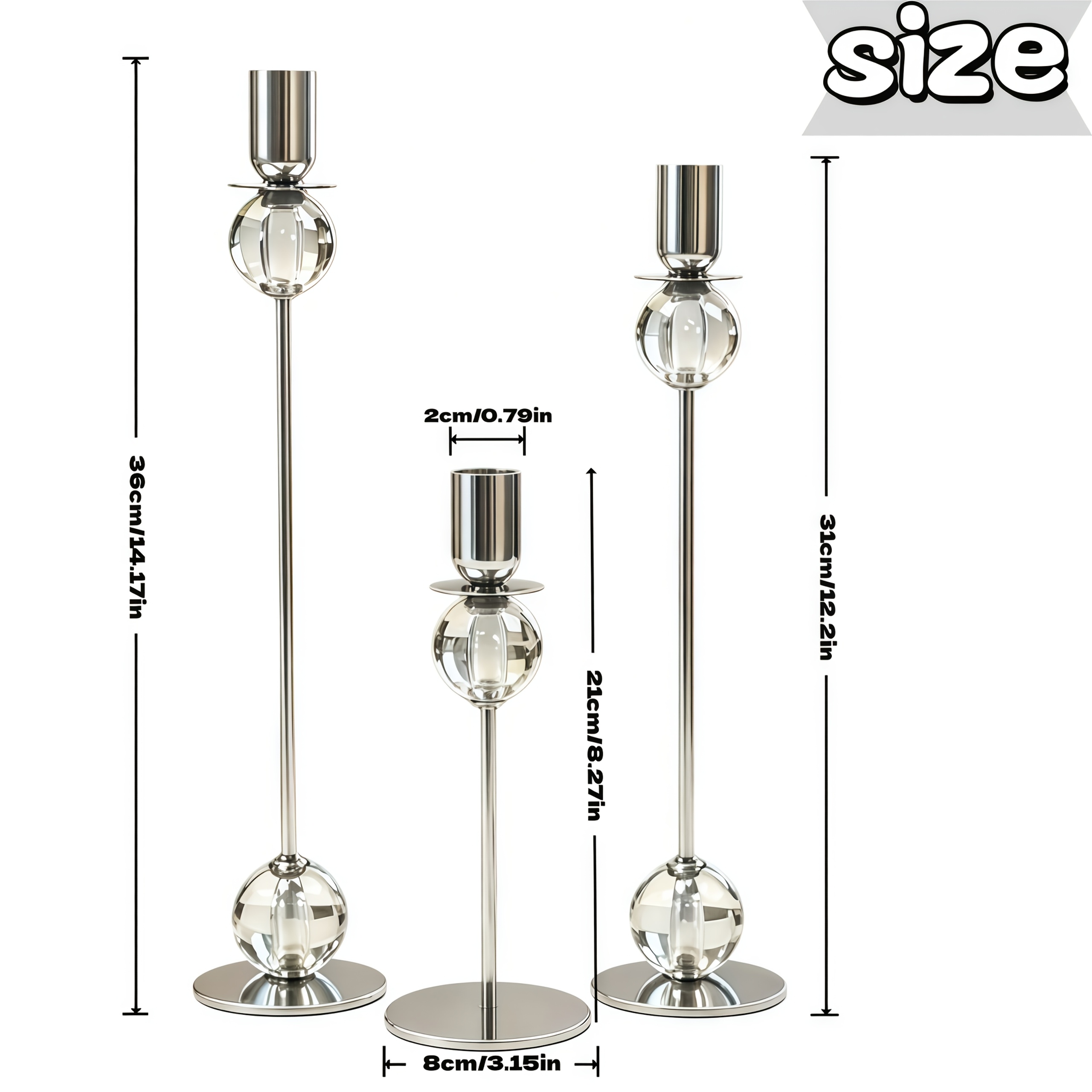 3pcs Crystal Taper Candle Holder - Silvery Metal Candlestick with Glass Ball, Modern Tall And Short Candle Holders for Wedding, Dining Room, Living Room, Home Decor, Wedding Table Centerpieces, Dining Table, Family Party Decorations