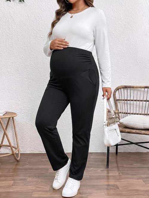 1 pantalón de embarazo de talla para otoño, pantalones negros de cintura con soporte para el abdomen, pantalones de embarazo de talla , suelta para ocultar el abdomen, sin apretar el abdomen ni la cintura