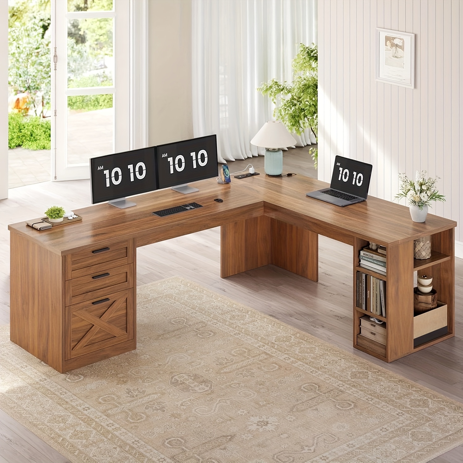 TEMU 61" Rustic Farmhouse L-shaped With Built-in Charging Station (us Plug), Storage Drawers & Adjustable Shelves - Large Wooden Home Office Desk For