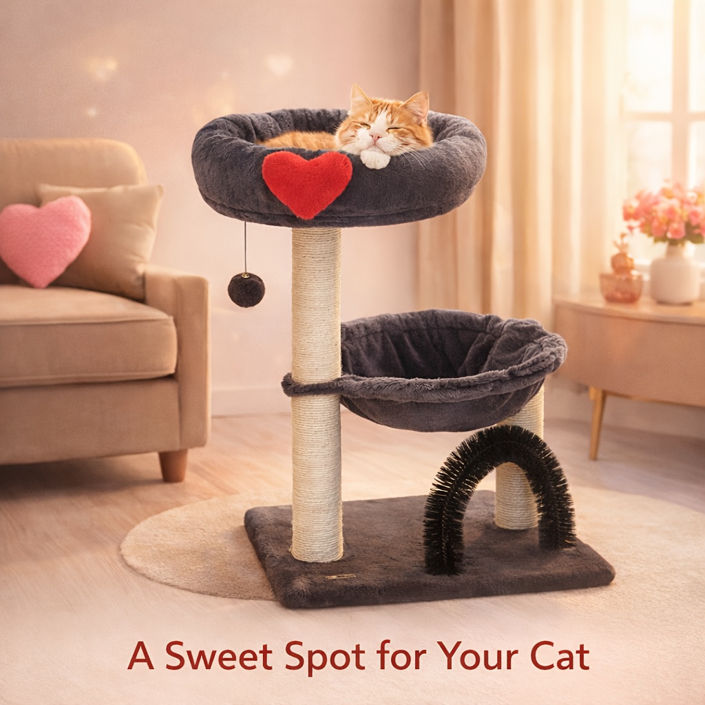 TEMU Cat Scratching Post With And Hanging Toy, 27.8 Inch Cat Tree For Indoor Cats, Soft Plush Design, Valentine Style Cat Furniture