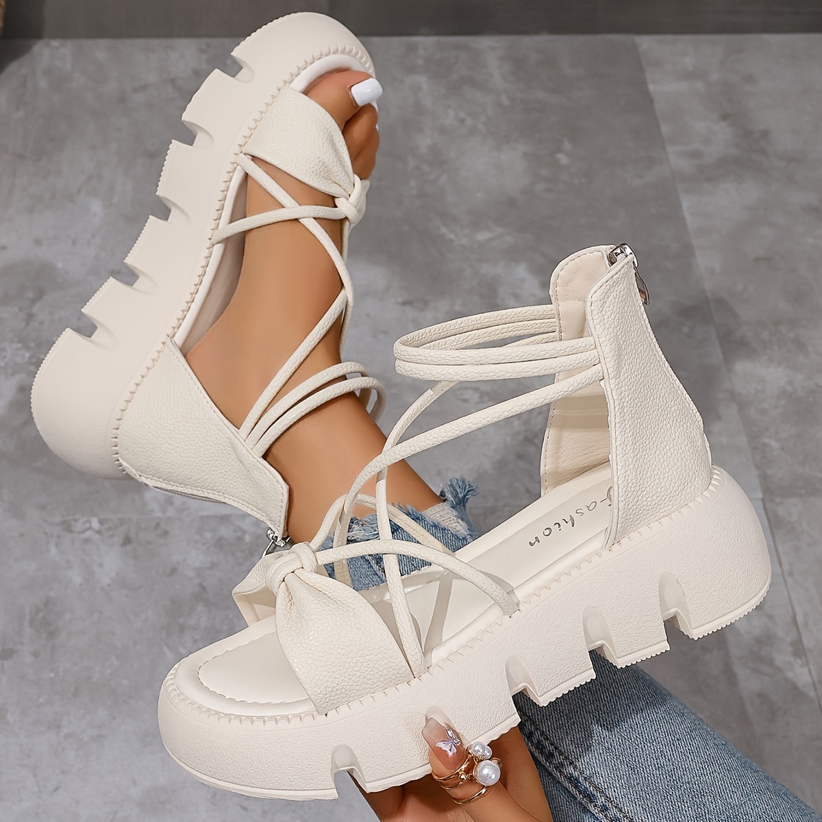 

Women's Fashion Summer Sandals, Solid Color Open Toe Back Zipper Shoes, Bow Design Outdoor Sandals