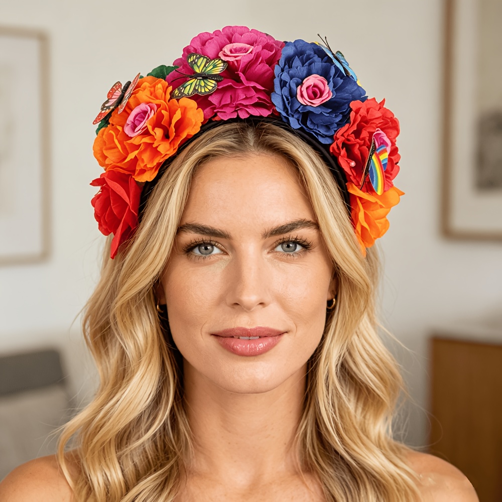 1pc Women's Artificial Flower Headband Mexican Ethnic Headband Halloween Festive Party Headband Multicolor Cosplay Dressing Headpiece