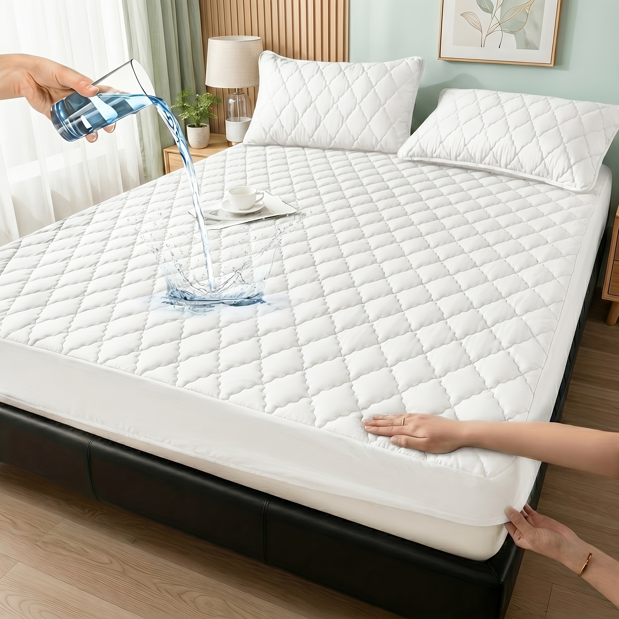 Image of 1pc Waterproof Fitted Sheet Mattress Protector, Ultra Soft Breathable Silent Mattress Cover, Deep Pocket , Washable, , Mattress Pad, Suitable For Dormitory Bedroom Hotel Multi-scene Use