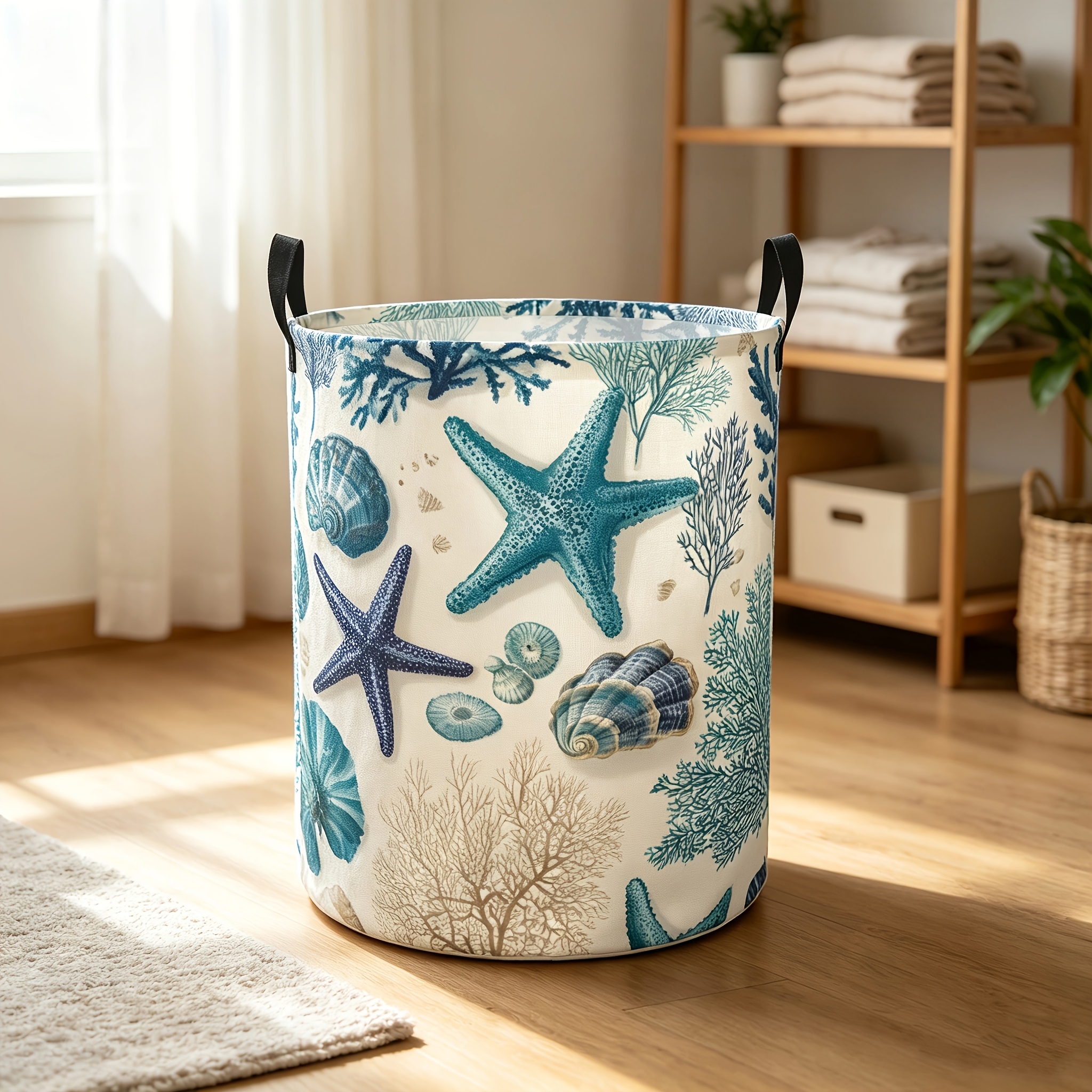 TEMU 1 panier à linge de style océan côtier, avec motif étoile de mer, blanc et bleu, conteneur de rangement en tissu, panier, paniers à linge