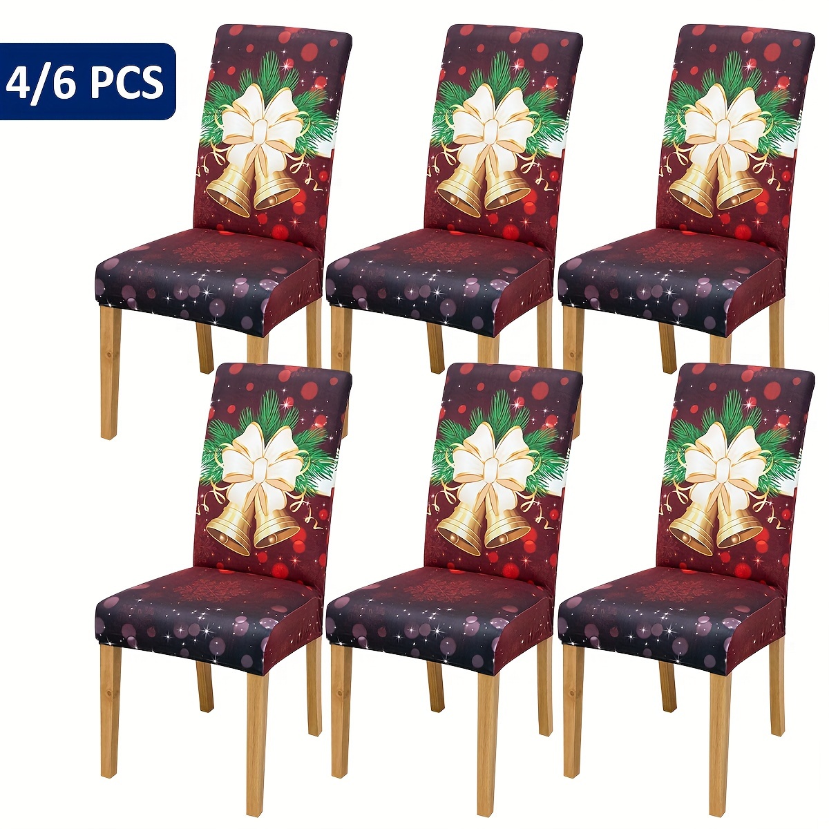 

Festive Christmas Bell Printed Chair Covers - 4/6 Pcs - Soft, Elastic, And Easy To Install - Suitable For Various Chair Styles - Machine Washable - Perfect For Home Decor