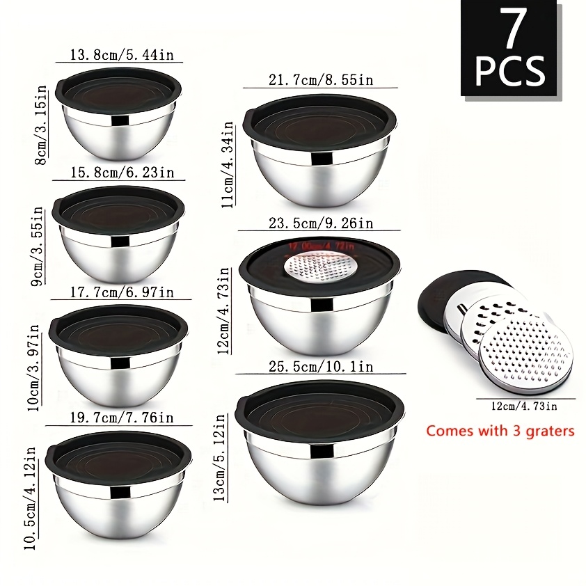 7pcs set of stainless steel mixed bowls with black sealed lid   flossing accessories   bowls for kitchen baking service cooking basin dishwashing basin fruit bowl noodle bowl dishwasher safe home kitchen supplies details 0