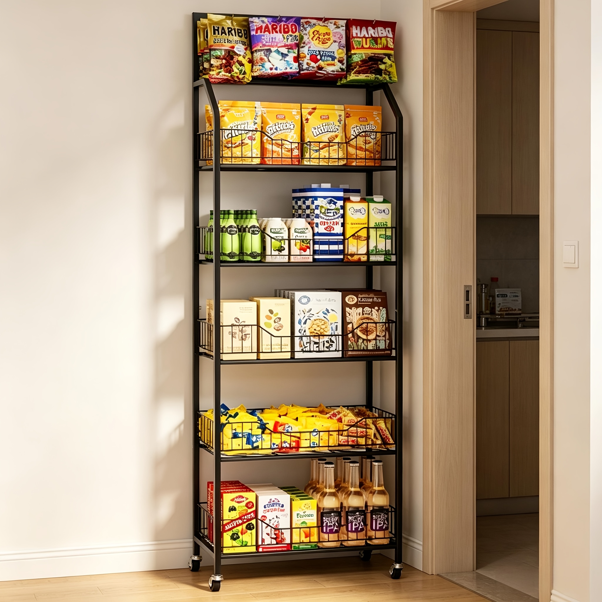 Image of 5-tier Snack Storage Display Rack With 10 Hooks And 4 Wheels, Large Metal Storage Rack, Suitable For Multiple Such As Stores, Homes, And Kitchens, In Black And White, Utility Racks