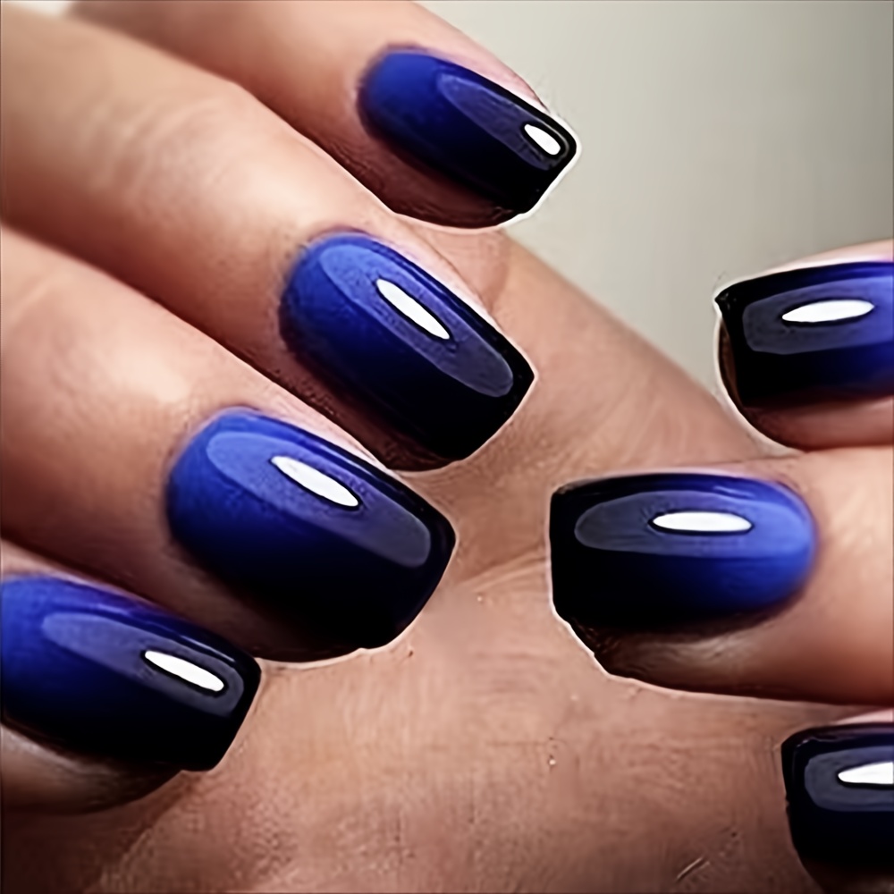Image of 24pcs Of Short Square-shaped High-end Aesthetic Blue-black Gradient Full Coverage Wearable Press-on Fake Nails + Jelly Glue + Nail File Set Suitable For Women/ For Daily Occasions