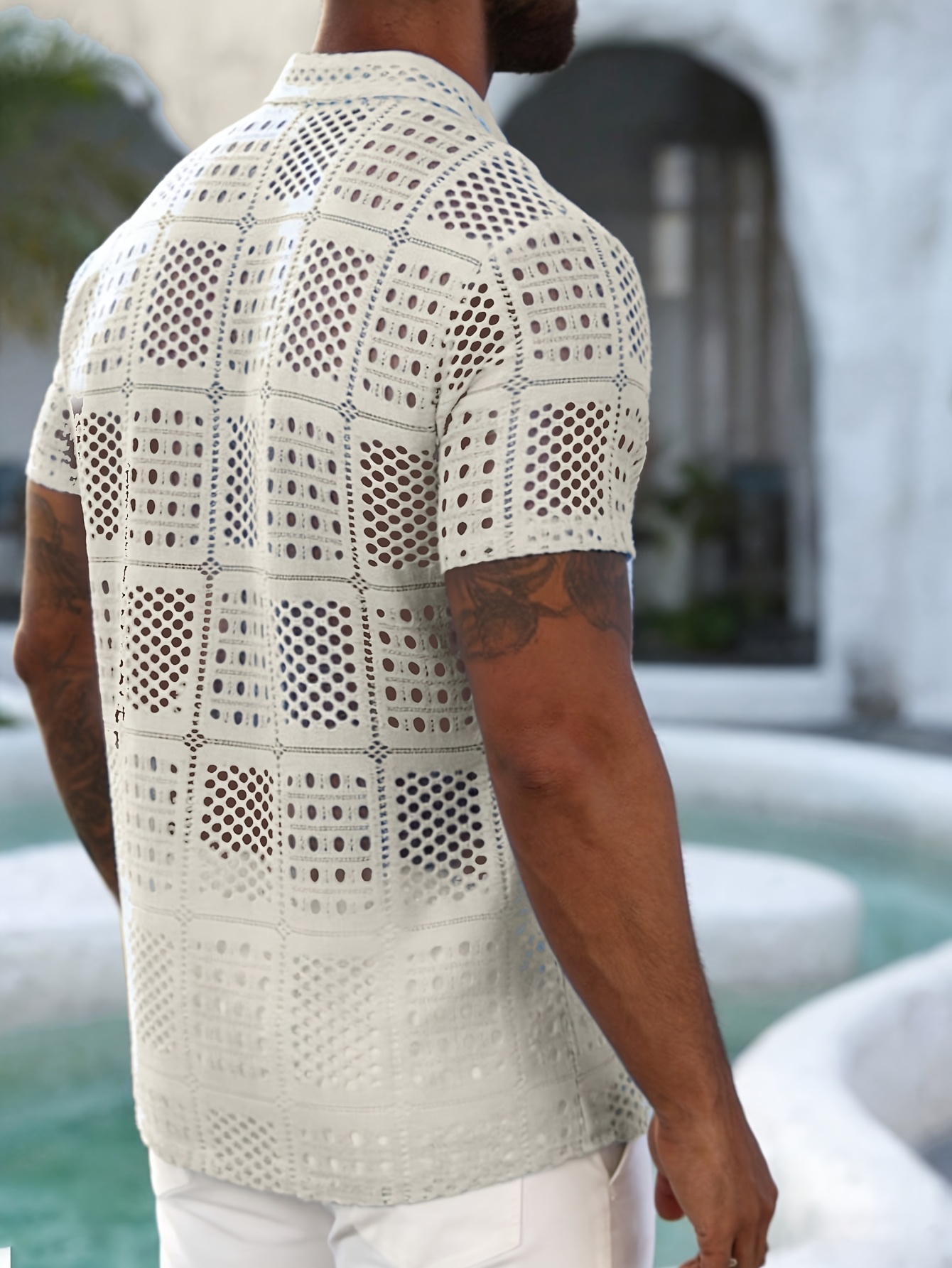 Lingjujujue Men'S Cuban Collar Jacquard Casual Versatile Short-Sleeved Pullover Shirt