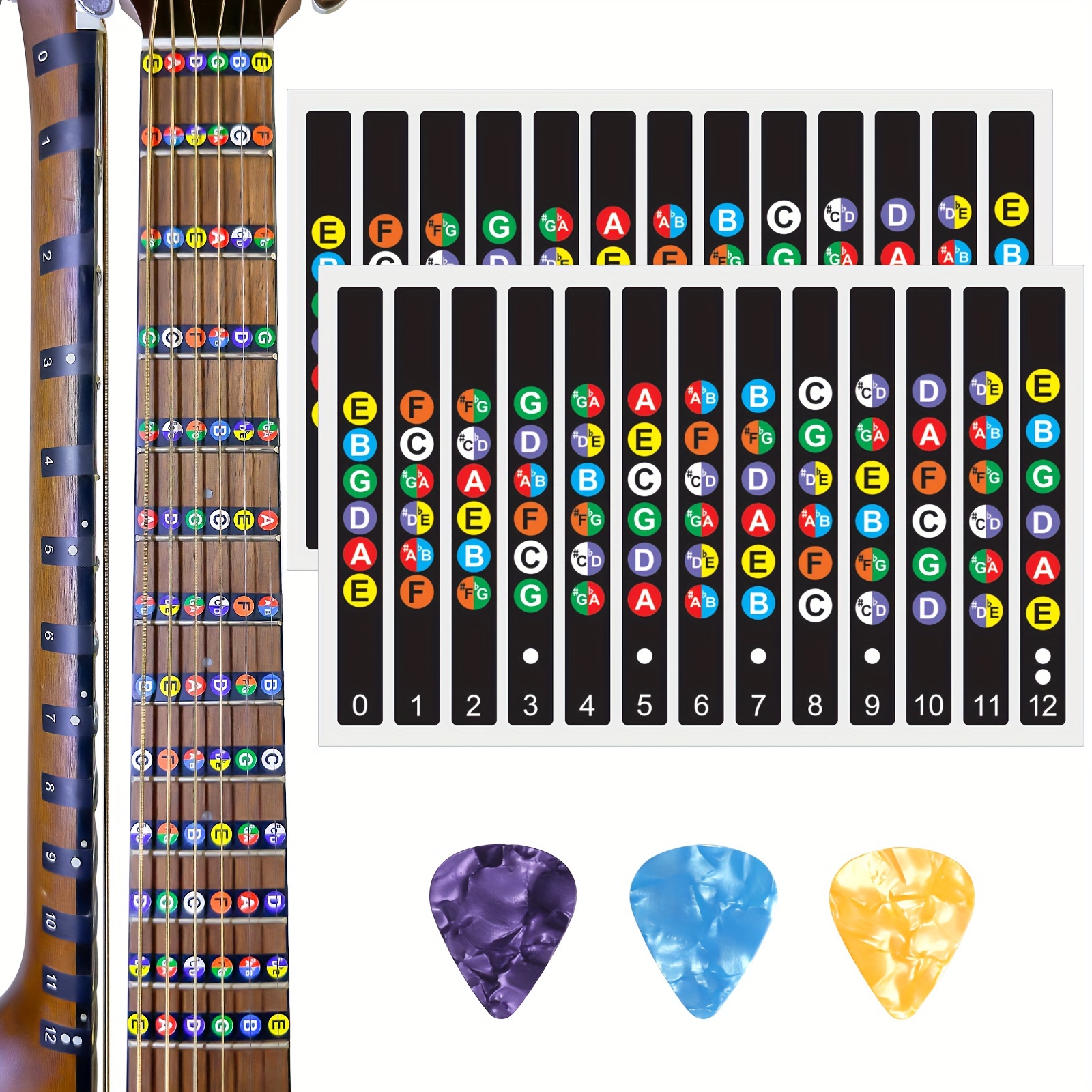 TEMU 2pcs Self Adhesive Guitar Fingerboard Stickers With 3pcs Guitar Picks, Thicknesses Guitar Picks (0.71mm), Note Decals Fingerboard - Best Guitar