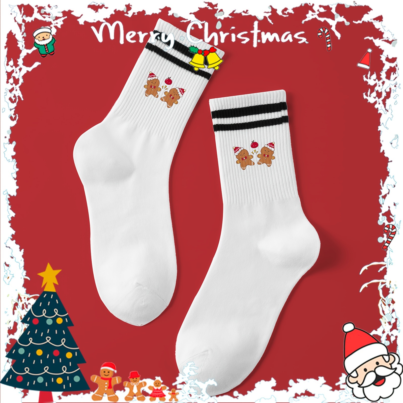 Image of 1 Pair Women's Christmas Stockings With Gingerbread For Man Pattern, Mid-calf Holiday Socks, Soft And Comfortable For Autumn And Winter Daily Wear