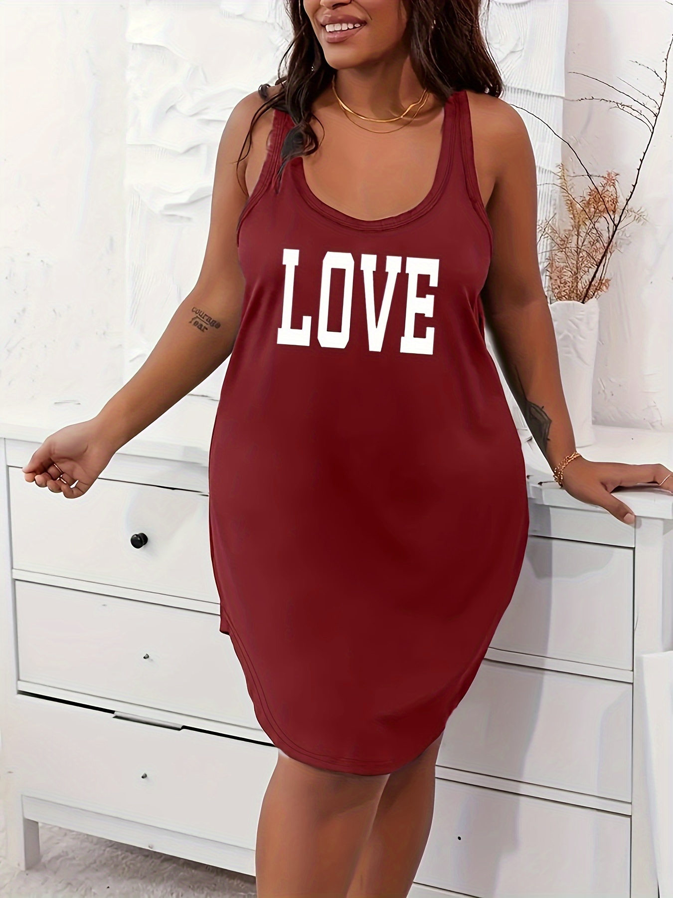 Women's Plus Casual Lounge Dress, Plus Size Letter Graphic Scoop Neck Racer Back Tank Home Wear Dress
