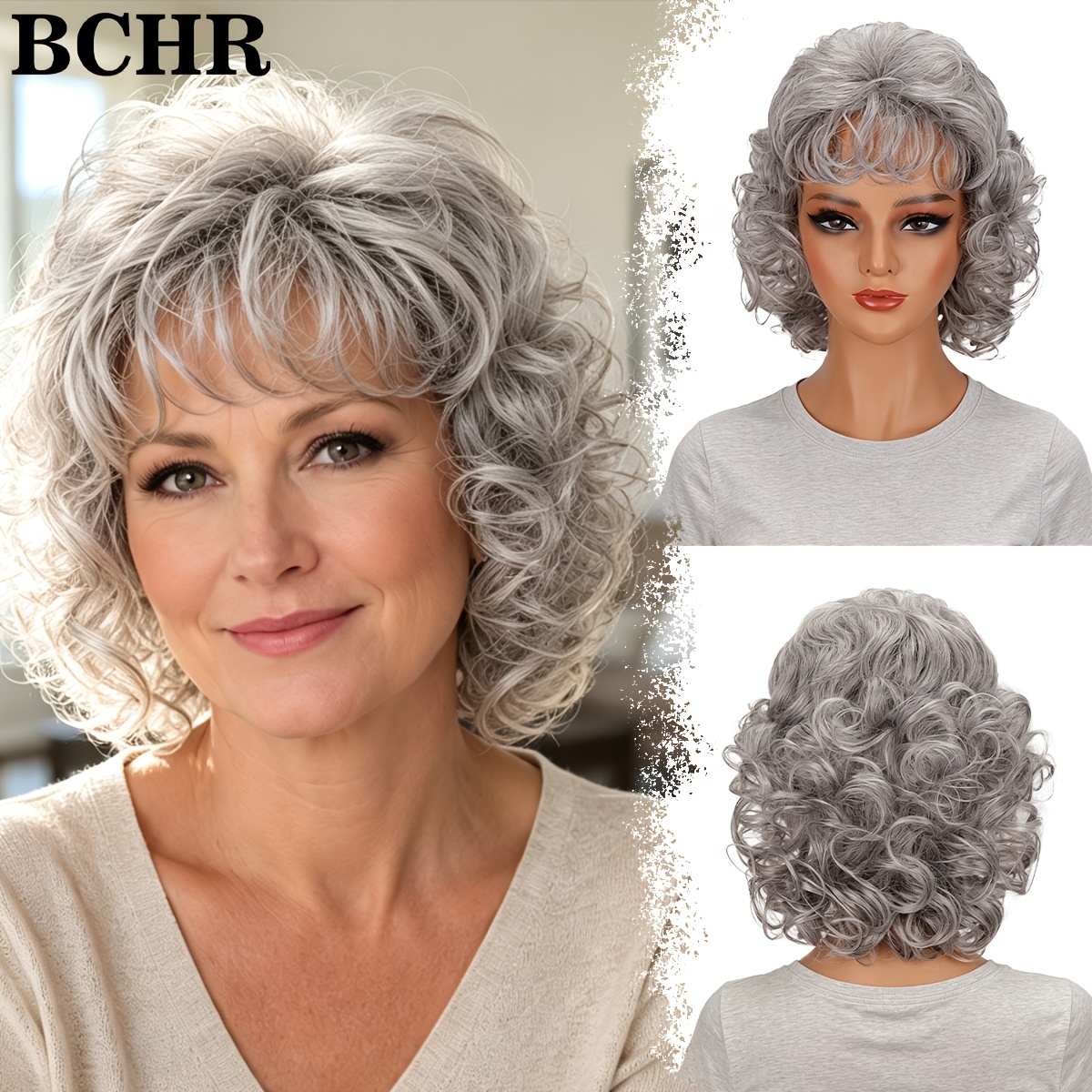 TEMU Women's Silvery-gray Short Loose Curly Wig With Bangs, Heat-resistant Synthetic Fluffy Curly Wig, Mature Women' Fashion Wig, Suitable For Daily