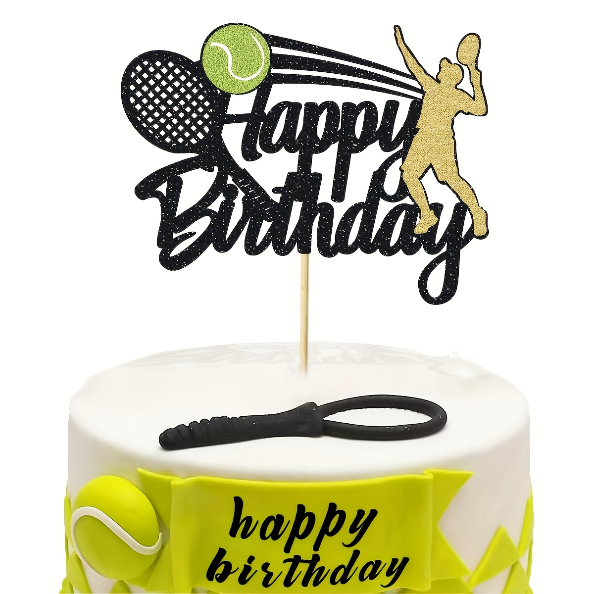 Image of 1pc Tennis Birthday Cake Topper With Glittering Birthday Sign & Tennis Racket & Decorations - Golden/yellow/green Centerpiece For Party Supplies, Tennis Party Decorations Christmas,new Year