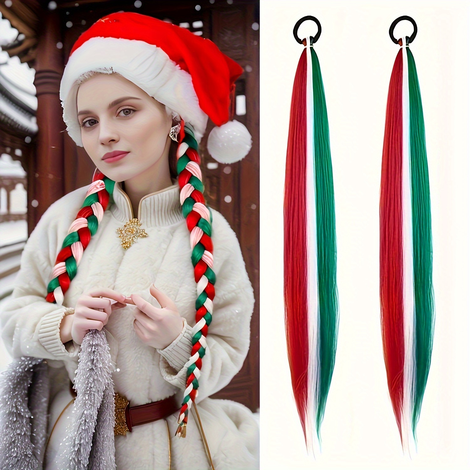 

2pcs Christmas Style Crochet Hair Extensions For Women, 26inch/65cm, Synthetic Fiber, Red, White, Green, Fiber, Lightweight 100g, Suitable For All People