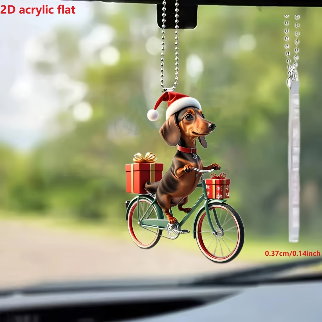 

Christmas Cycling Dachshund Acrylic Hanging Ornament With Gift Boxes, Retro Bicycle Dog Keychain, Car Pendant Decoration, Keyring Accessory