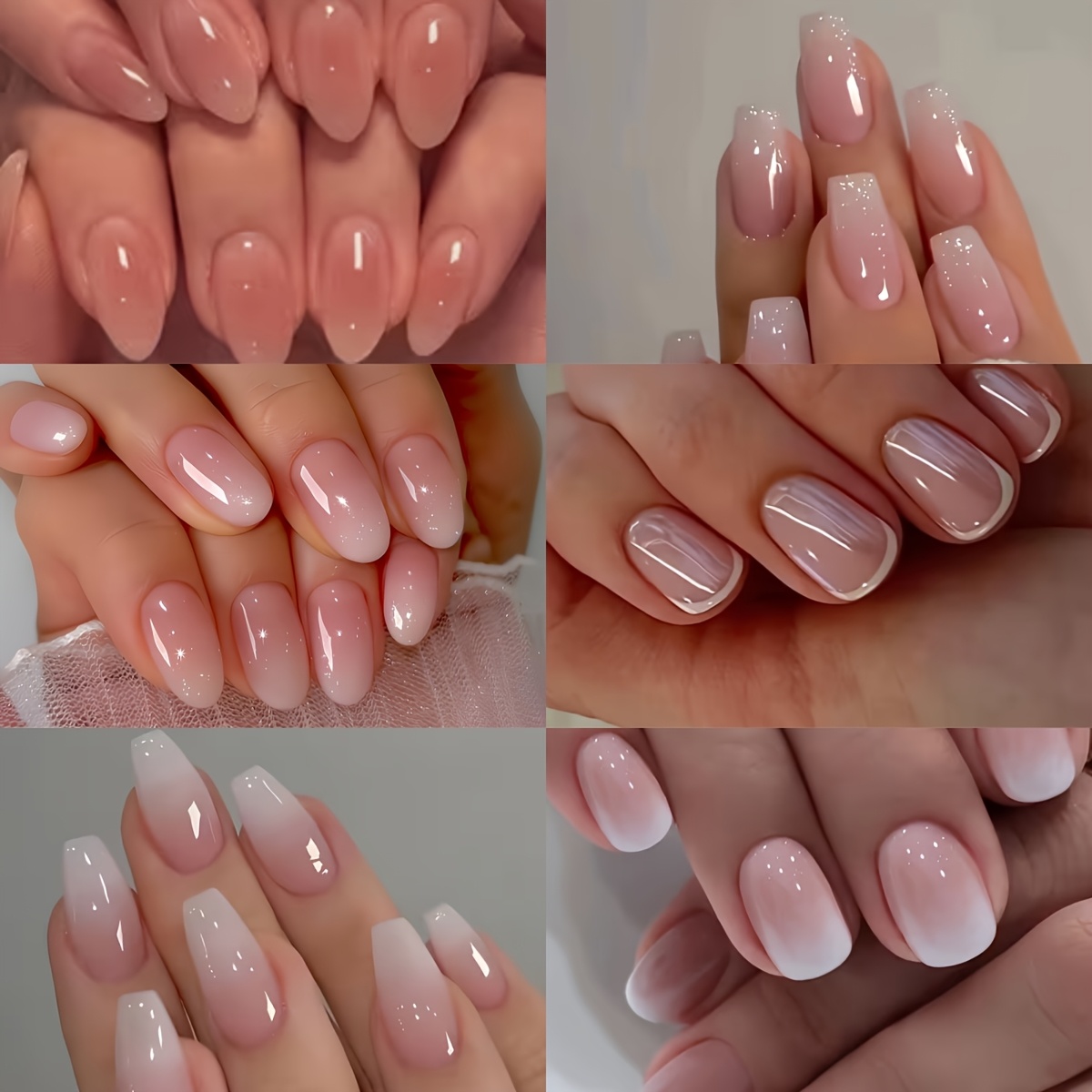 TEMU 144 Stück Press-On Nagel Set, Mittelgroß, Quadratisch, Oval, Mandelform & Sargform, Rosa Weiße Französische Farbverlauf Falsche Nagelspitzen, 12