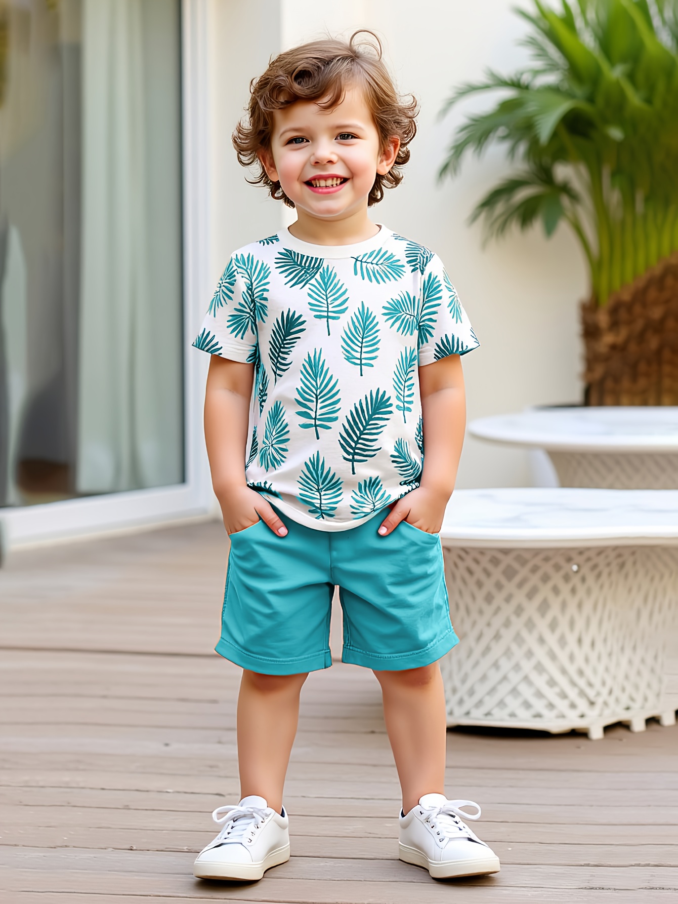 2pcs set of boys' clothing, summer short-sleeved round-neck T-shirt with leaf print and boy's fashionable shorts for summer outings, Perfect for Outdoor
