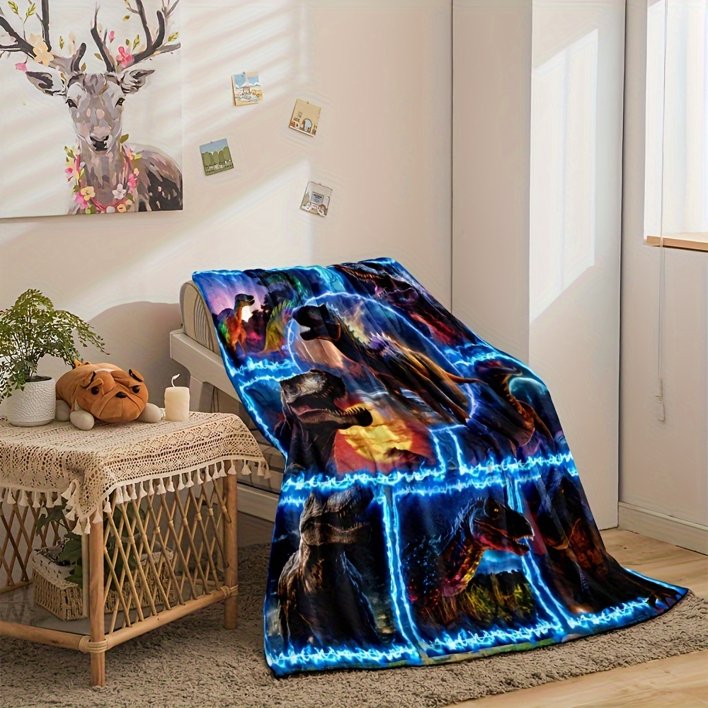 1pc comfortable 3d dinosaur blue flame   printed blanket suitable for sofa   room   camping and bed digital printed blanket soft and warm flannel gift for family or friends details 3