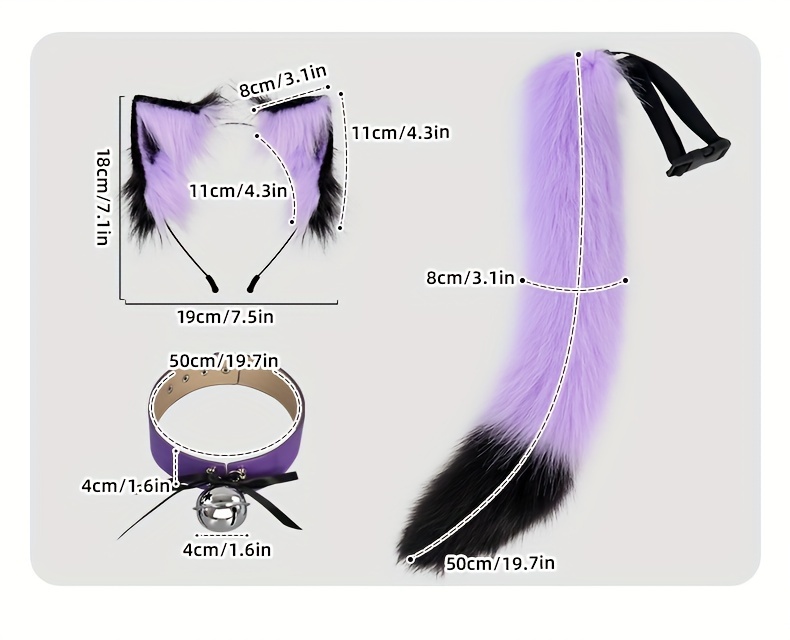 PartyKindom Kit Queue Et Oreilles De Renard Cosplay – Fausse Fourrure Noir/Blanc, Bandeau, Tour De Cou, Pour Animations Et Costumes