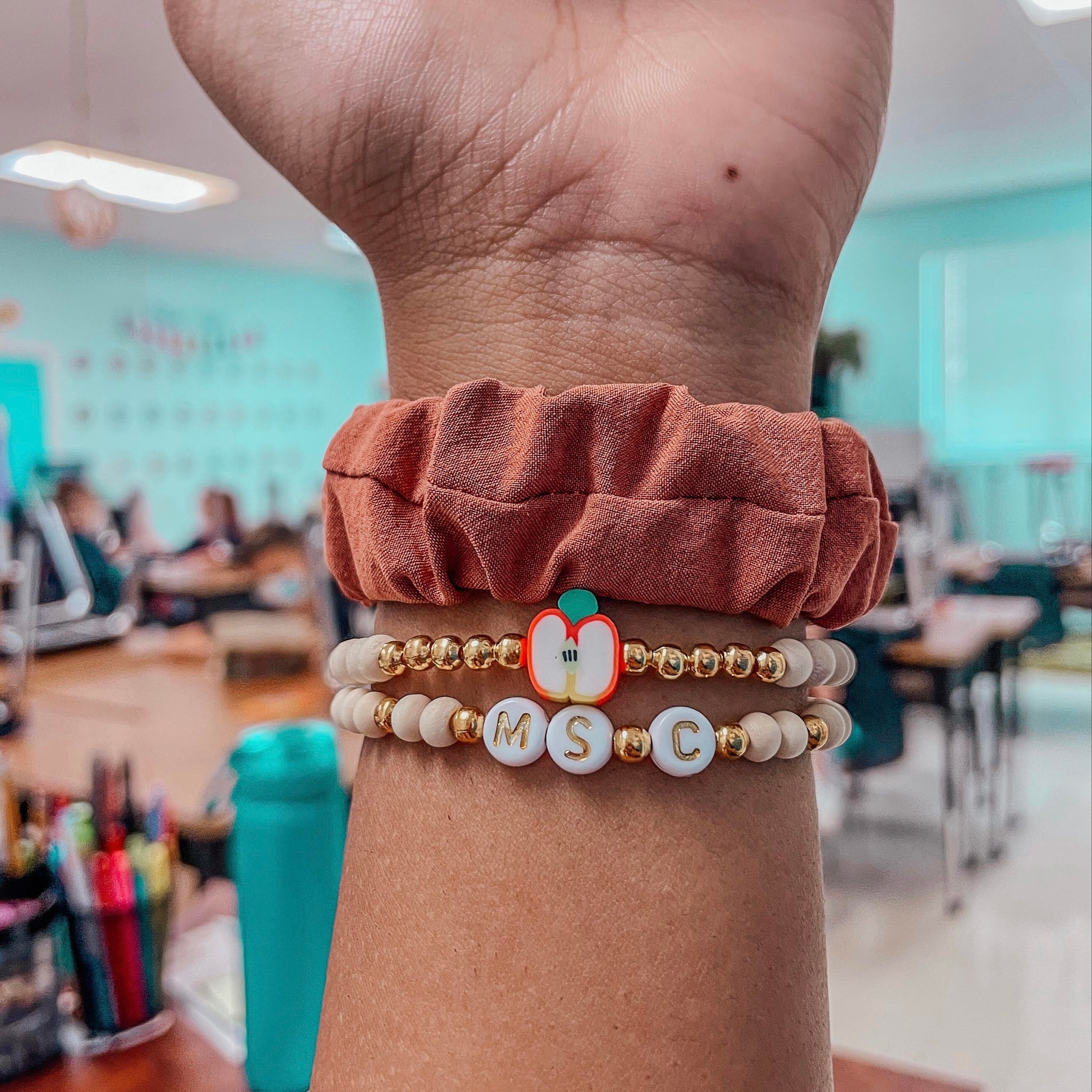 

Go2boho Teacher Appreciation Bracelet - Plated, Classic Preppy Style, Flower Theme, Customizable Letter Beads With Charm, Copper & Wood Beads For Graduation & Teacher's Day Gift - Fits All Seasons