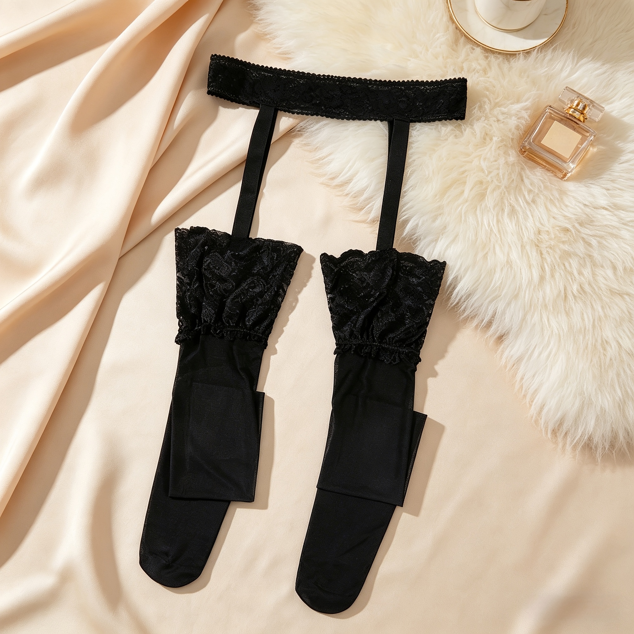TEMU Black Lace Garter Belt Stockings, Sheer Thigh High Suspender Stockings With Lace Top For Women